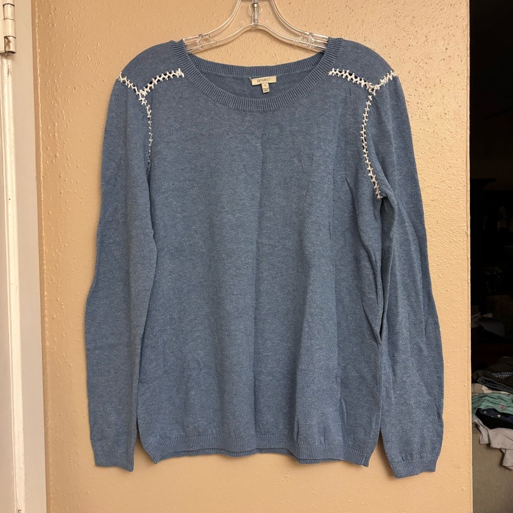 Project Blue Sweater with White Stitching